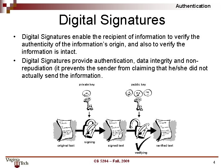 Authentication Digital Signatures • Digital Signatures enable the recipient of information to verify the