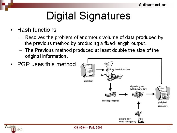 Authentication Digital Signatures • Hash functions – Resolves the problem of enormous volume of