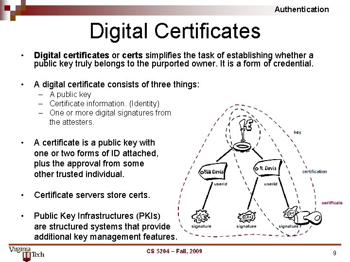 Authentication Digital Certificates • Digital certificates or certs simplifies the task of establishing whether