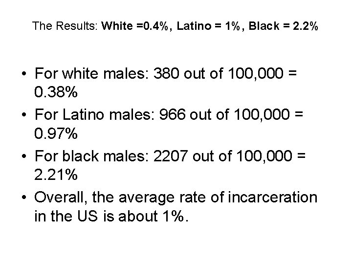 The Results: White =0. 4%, Latino = 1%, Black = 2. 2% • For