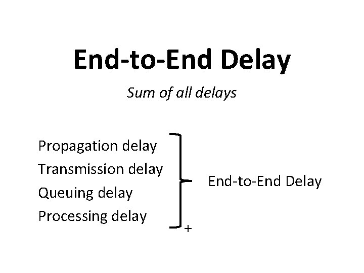 End-to-End Delay Sum of all delays Propagation delay Transmission delay Queuing delay Processing delay