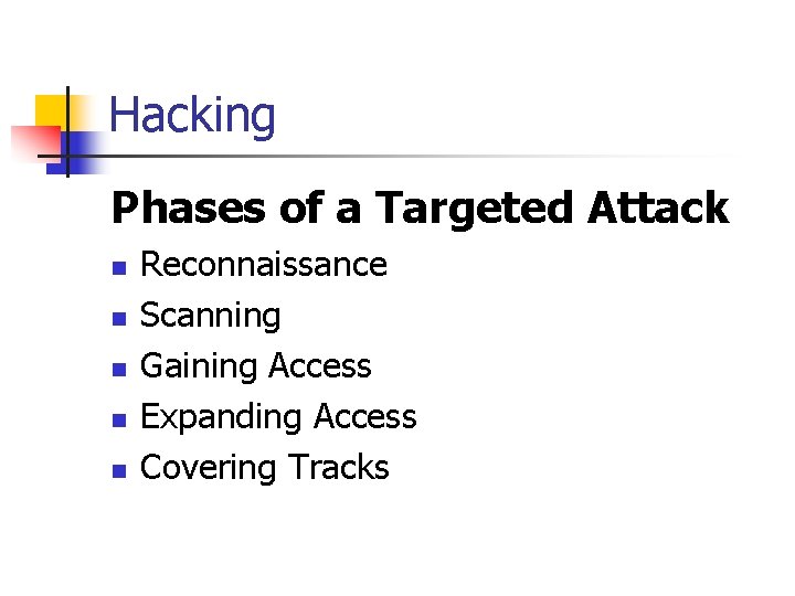 Hacking Phases of a Targeted Attack n n n Reconnaissance Scanning Gaining Access Expanding