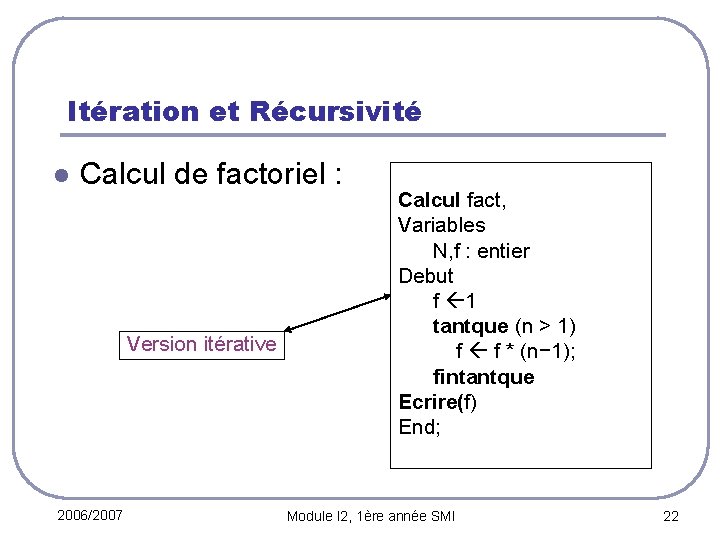 Itération et Récursivité l Calcul de factoriel : Version itérative 2006/2007 Calcul fact, Variables