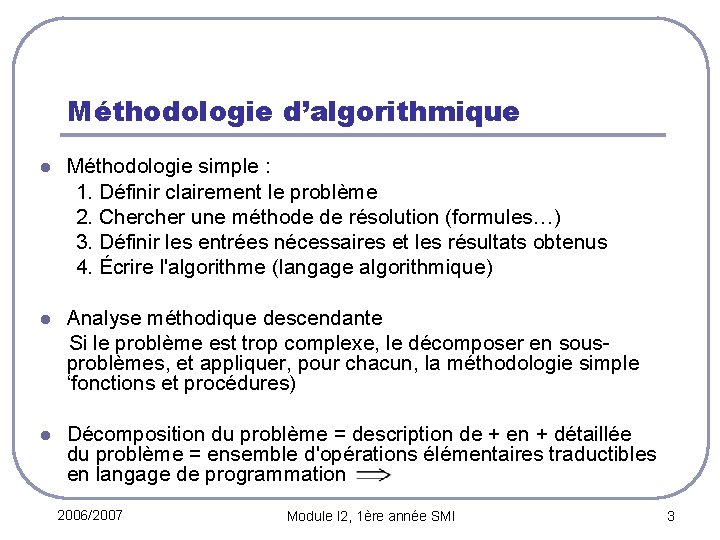 Méthodologie d’algorithmique l Méthodologie simple : 1. Définir clairement le problème 2. Chercher une