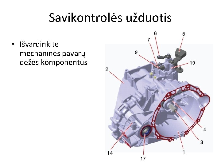 Savikontrolės užduotis • Išvardinkite mechaninės pavarų dėžės komponentus 