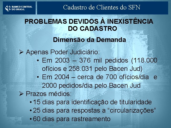 Cadastro de Clientes do SFN PROBLEMAS DEVIDOS À INEXISTÊNCIA DO CADASTRO Dimensão da Demanda