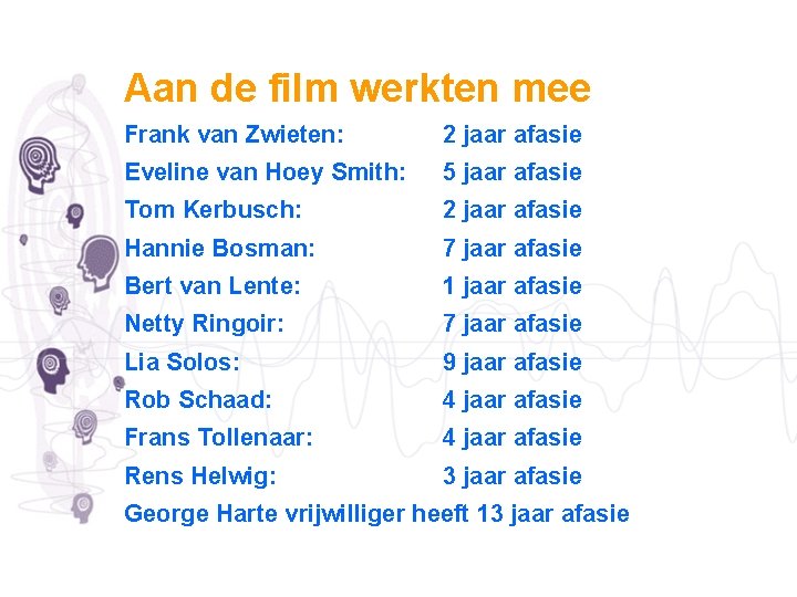 Aan de film werkten mee Frank van Zwieten: 2 jaar afasie Eveline van Hoey