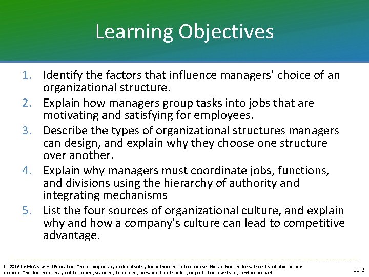 Learning Objectives 1. Identify the factors that influence managers’ choice of an organizational structure.