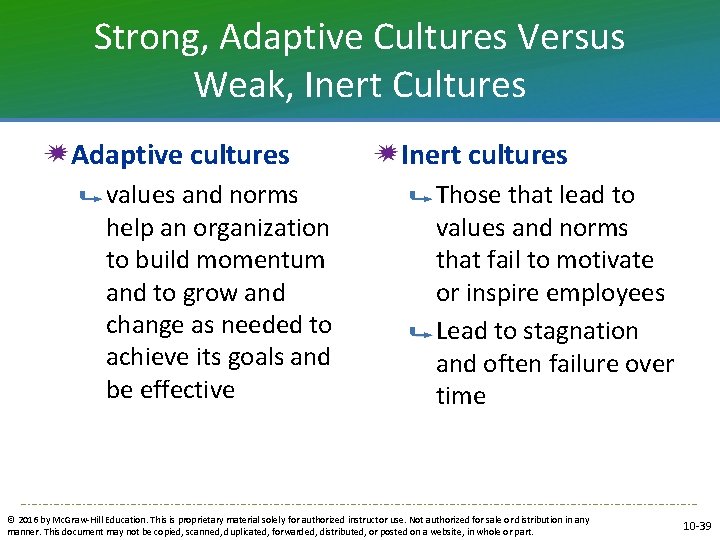 Strong, Adaptive Cultures Versus Weak, Inert Cultures Adaptive cultures values and norms help an