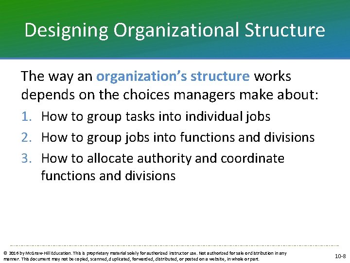 Designing Organizational Structure The way an organization’s structure works depends on the choices managers