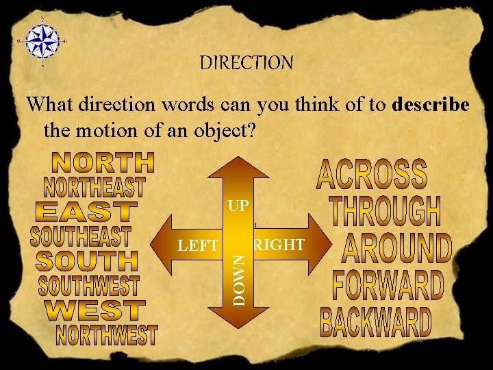 DIRECTION What direction words can you think of to describe the motion of an