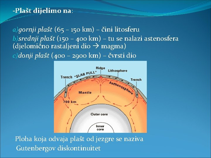 -Plašt dijelimo na: a)gornji plašt (65 – 150 km) – čini litosferu b)srednji plašt -Plašt dijelimo na: a)gornji plašt (65 – 150 km) – čini litosferu b)srednji plašt