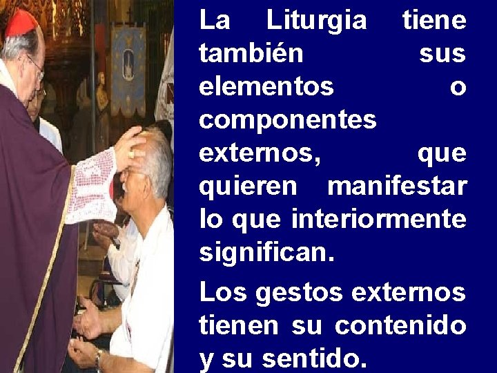 La Liturgia tiene también sus elementos o componentes externos, que quieren manifestar lo que