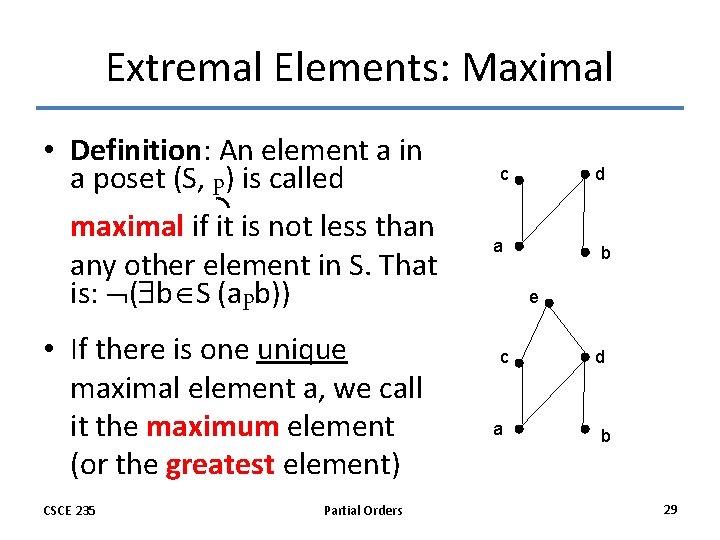 Extremal Elements: Maximal • Definition: An element a in a poset (S, p) is