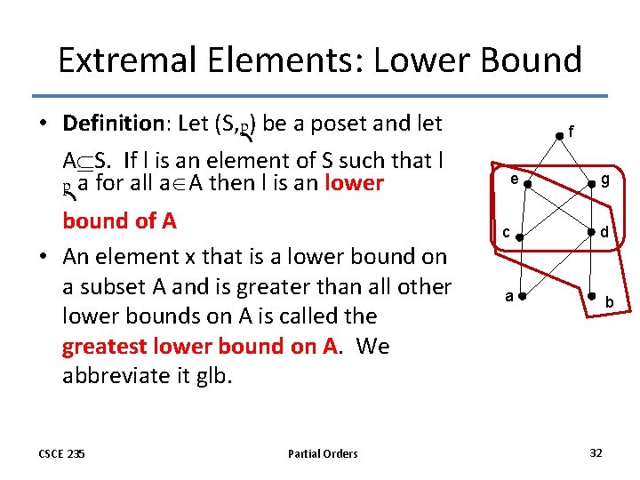 Extremal Elements: Lower Bound • Definition: Let (S, p) be a poset and let