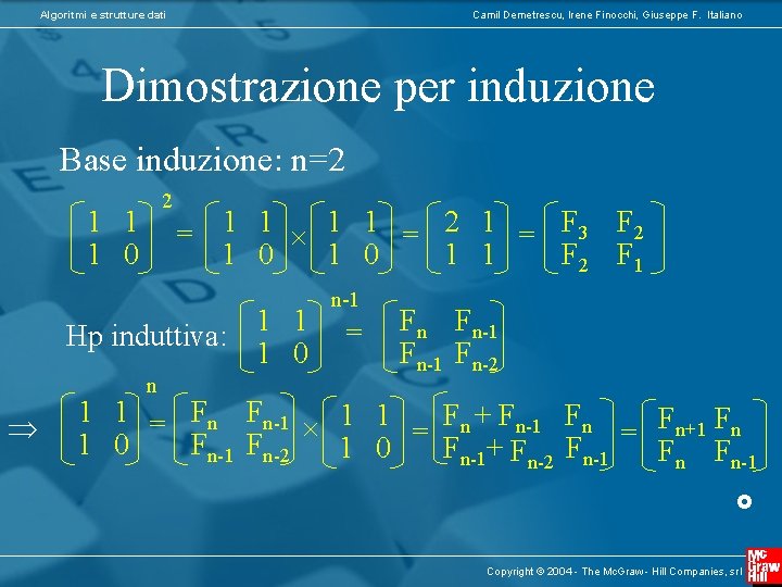 Algoritmi e strutture dati Camil Demetrescu, Irene Finocchi, Giuseppe F. Italiano Dimostrazione per induzione