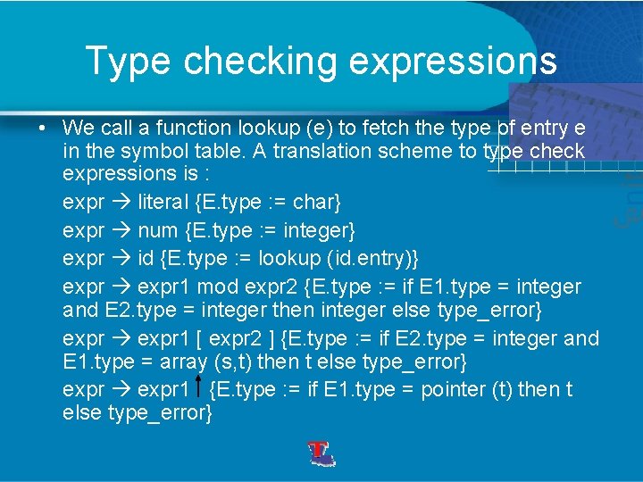 Type checking expressions • We call a function lookup (e) to fetch the type Type checking expressions • We call a function lookup (e) to fetch the type