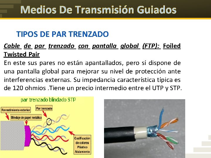 Medios De Transmisión Guiados TIPOS DE PAR TRENZADO Cable de par trenzado con pantalla