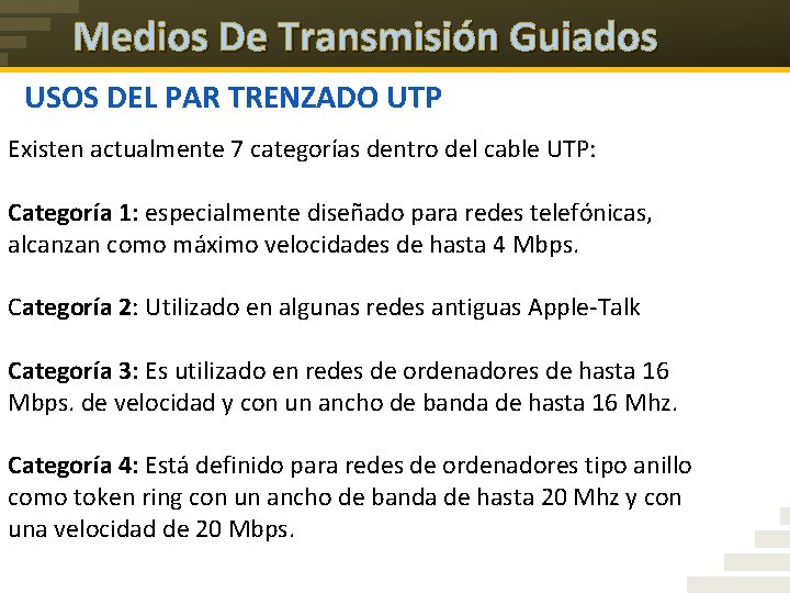Medios De Transmisión Guiados USOS DEL PAR TRENZADO UTP Existen actualmente 7 categorías dentro