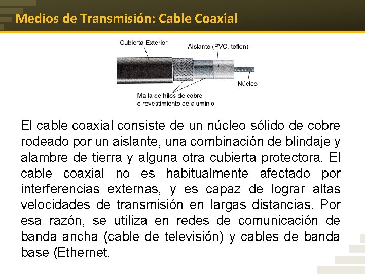 Medios de Transmisión: Cable Coaxial El cable coaxial consiste de un núcleo sólido de