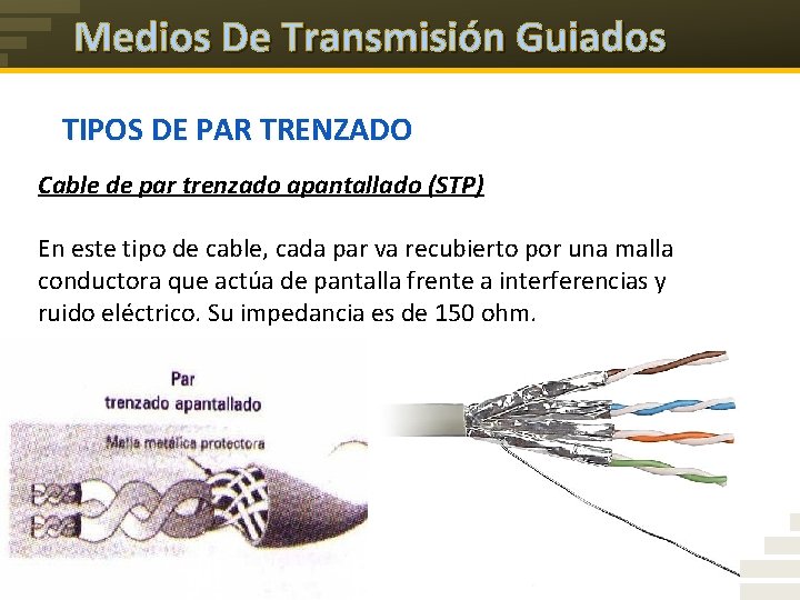 Medios De Transmisión Guiados TIPOS DE PAR TRENZADO Cable de par trenzado apantallado (STP)