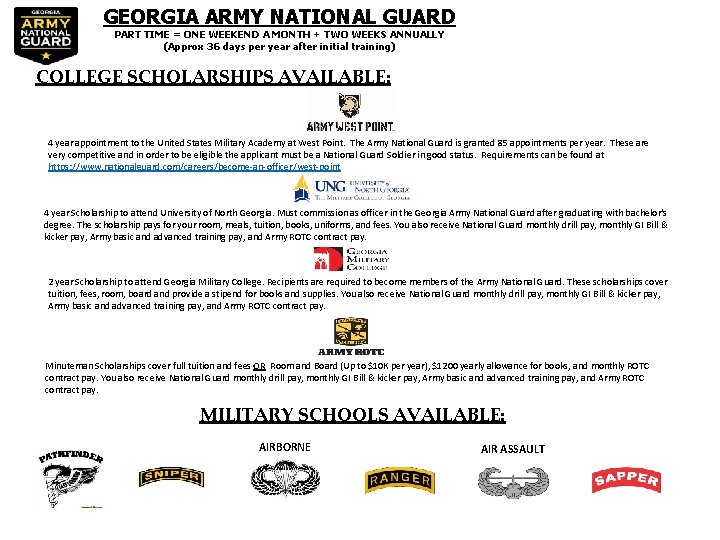 GEORGIA ARMY NATIONAL GUARD PART TIME = ONE WEEKEND A MONTH + TWO WEEKS