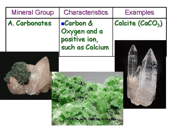 Mineral Group A. Carbonates Characteristics n. Carbon Examples & Calcite (Ca. CO 3) Oxygen