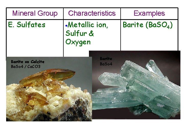 Mineral Group E. Sulfates Barite on Calcite Ba. So 4 / Ca. CO 3