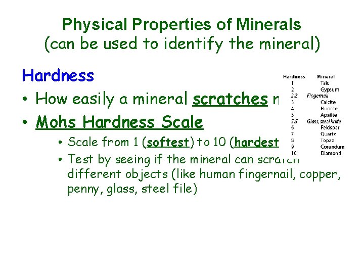 Physical Properties of Minerals (can be used to identify the mineral) Hardness • How