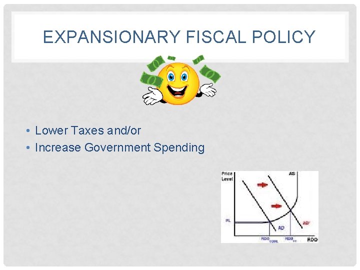 EXPANSIONARY FISCAL POLICY • Lower Taxes and/or • Increase Government Spending 