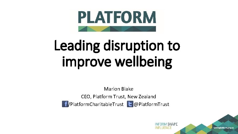 Leading disruption to improve wellbeing Marion Blake CEO, Platform Trust, New Zealand /Platform. Charitable.