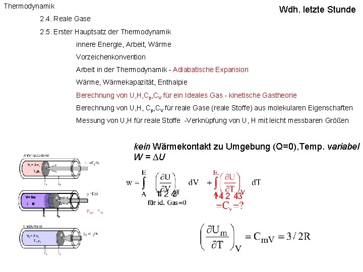 Thermodynamik Wdh. letzte Stunde 2. 4. Reale Gase 2. 5. Erster Hauptsatz der Thermodynamik