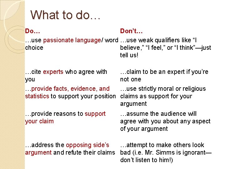What to do… Don’t… …use passionate language/ word …use weak qualifiers like “I choice