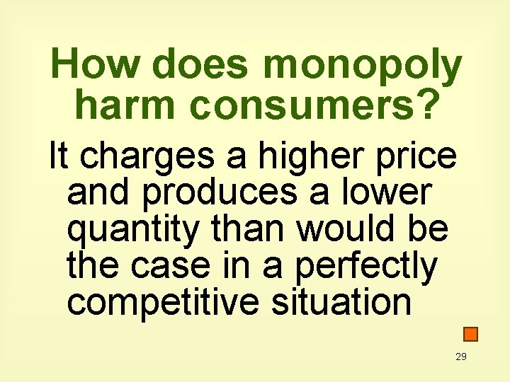How does monopoly harm consumers? It charges a higher price and produces a lower