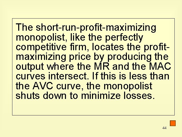 The short-run-profit-maximizing monopolist, like the perfectly competitive firm, locates the profitmaximizing price by producing