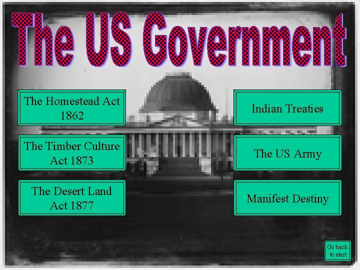 The Homestead Act 1862 Indian Treaties The Timber Culture Act 1873 The US Army