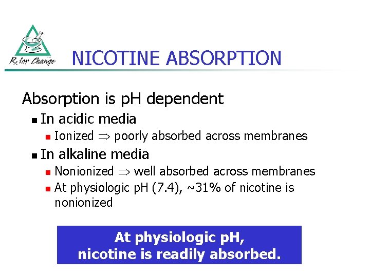 NICOTINE ABSORPTION Absorption is p. H dependent n In acidic media n n Ionized