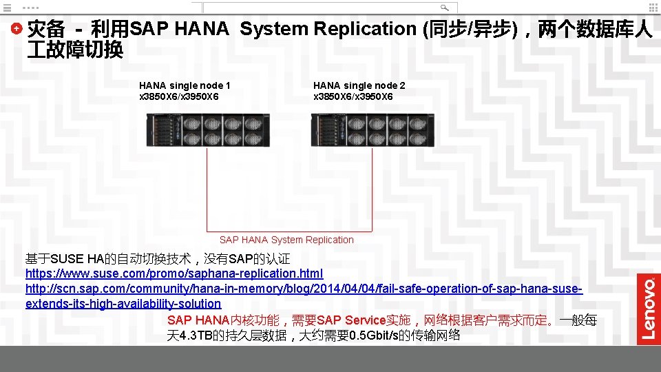 灾备 - 利用SAP HANA System Replication (同步/异步)，两个数据库人 故障切换 HANA single node 1 x 3850