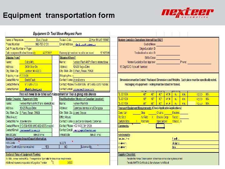 Equipment transportation form Nexteer Confidential 