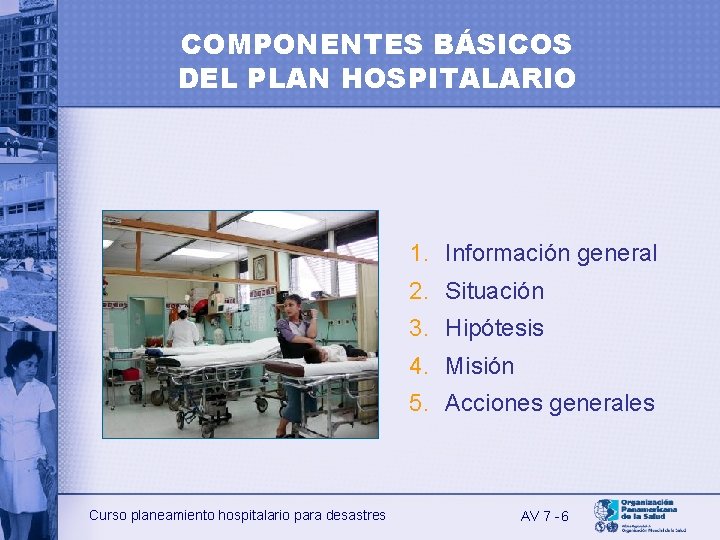 COMPONENTES BÁSICOS DEL PLAN HOSPITALARIO 1. Información general 2. Situación 3. Hipótesis 4. Misión
