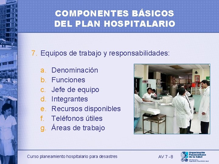 COMPONENTES BÁSICOS DEL PLAN HOSPITALARIO 7. Equipos de trabajo y responsabilidades: a. b. c.