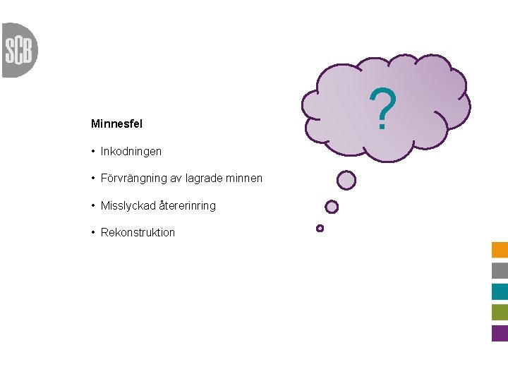 Minnesfel • Inkodningen • Förvrängning av lagrade minnen • Misslyckad återerinring • Rekonstruktion ?