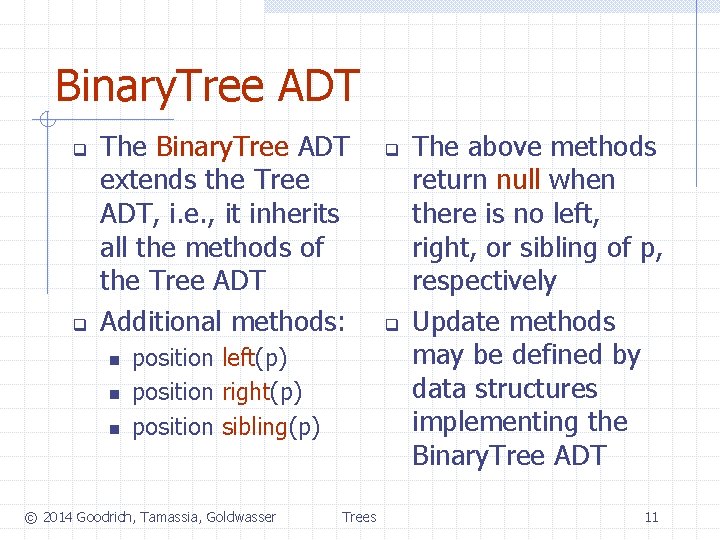 Binary. Tree ADT q q The Binary. Tree ADT extends the Tree ADT, i.
