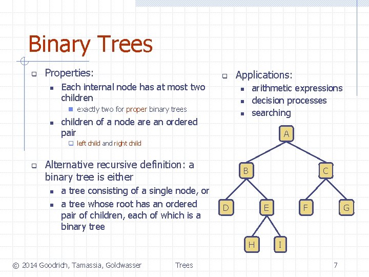 Binary Trees q Properties: n q Each internal node has at most two children