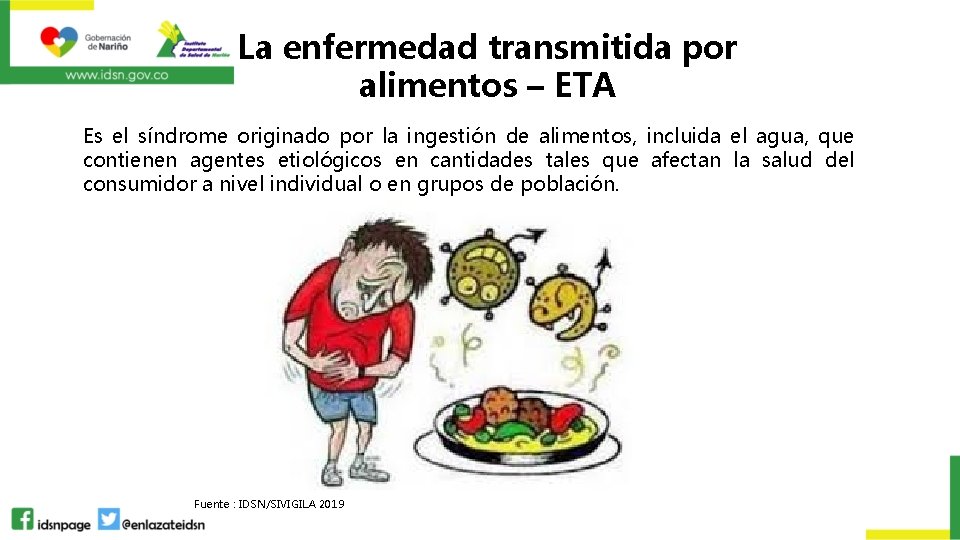 La enfermedad transmitida por alimentos – ETA Es el síndrome originado por la ingestión