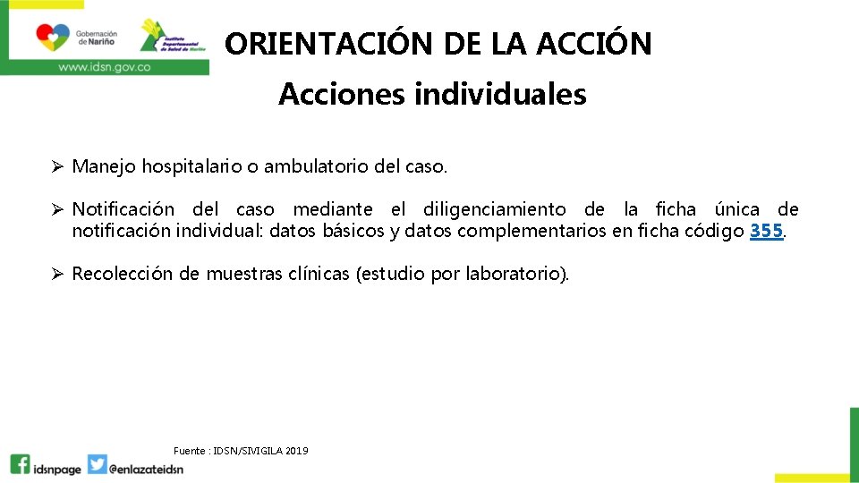 ORIENTACIÓN DE LA ACCIÓN Acciones individuales Ø Manejo hospitalario o ambulatorio del caso. Ø