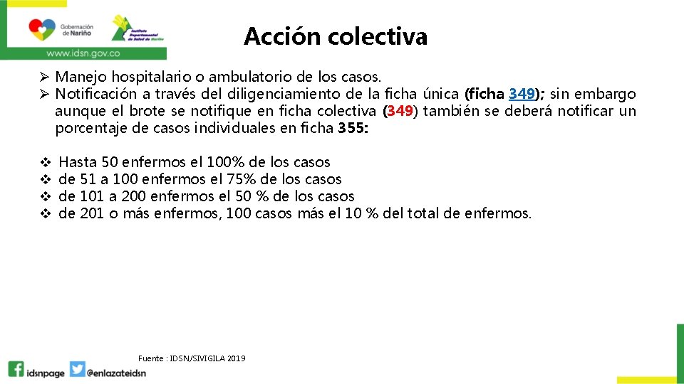 Acción colectiva Ø Manejo hospitalario o ambulatorio de los casos. Ø Notificación a través