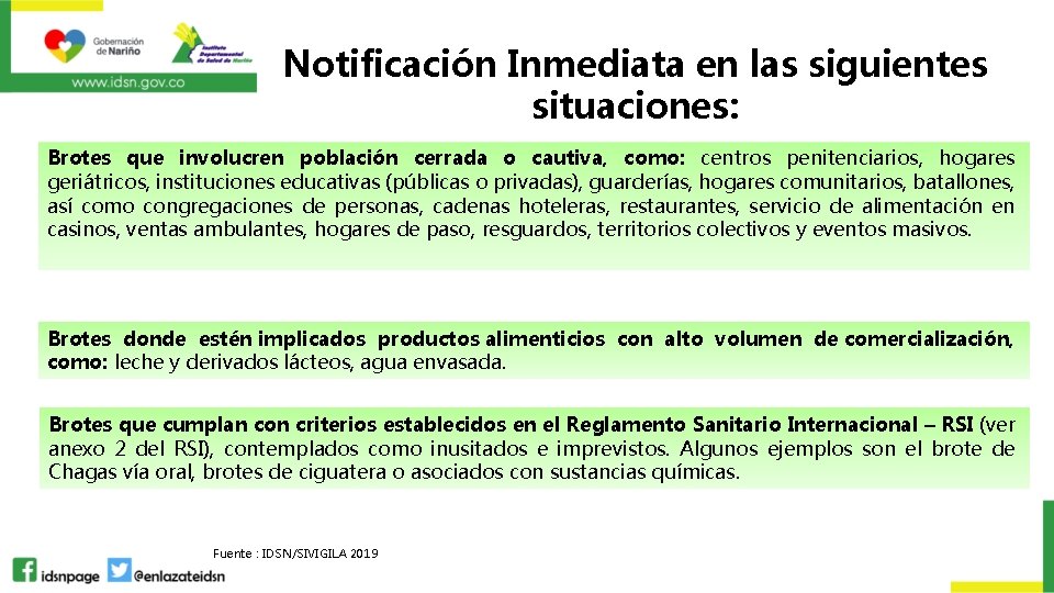 Notificación Inmediata en las siguientes situaciones: Brotes que involucren población cerrada o cautiva, como: