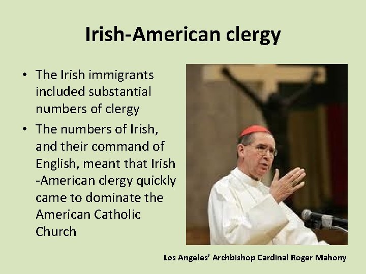 Irish-American clergy • The Irish immigrants included substantial numbers of clergy • The numbers