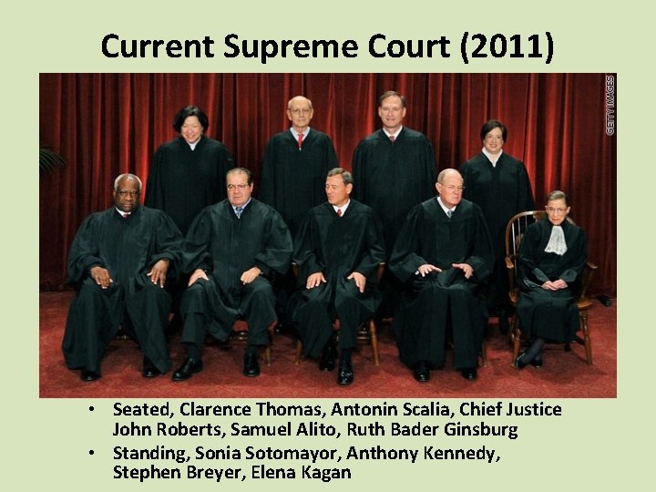 Current Supreme Court (2011) • Seated, Clarence Thomas, Antonin Scalia, Chief Justice John Roberts,